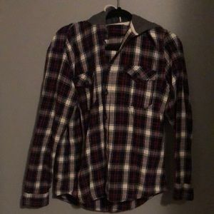 red, white, and navy blue flannel with hood